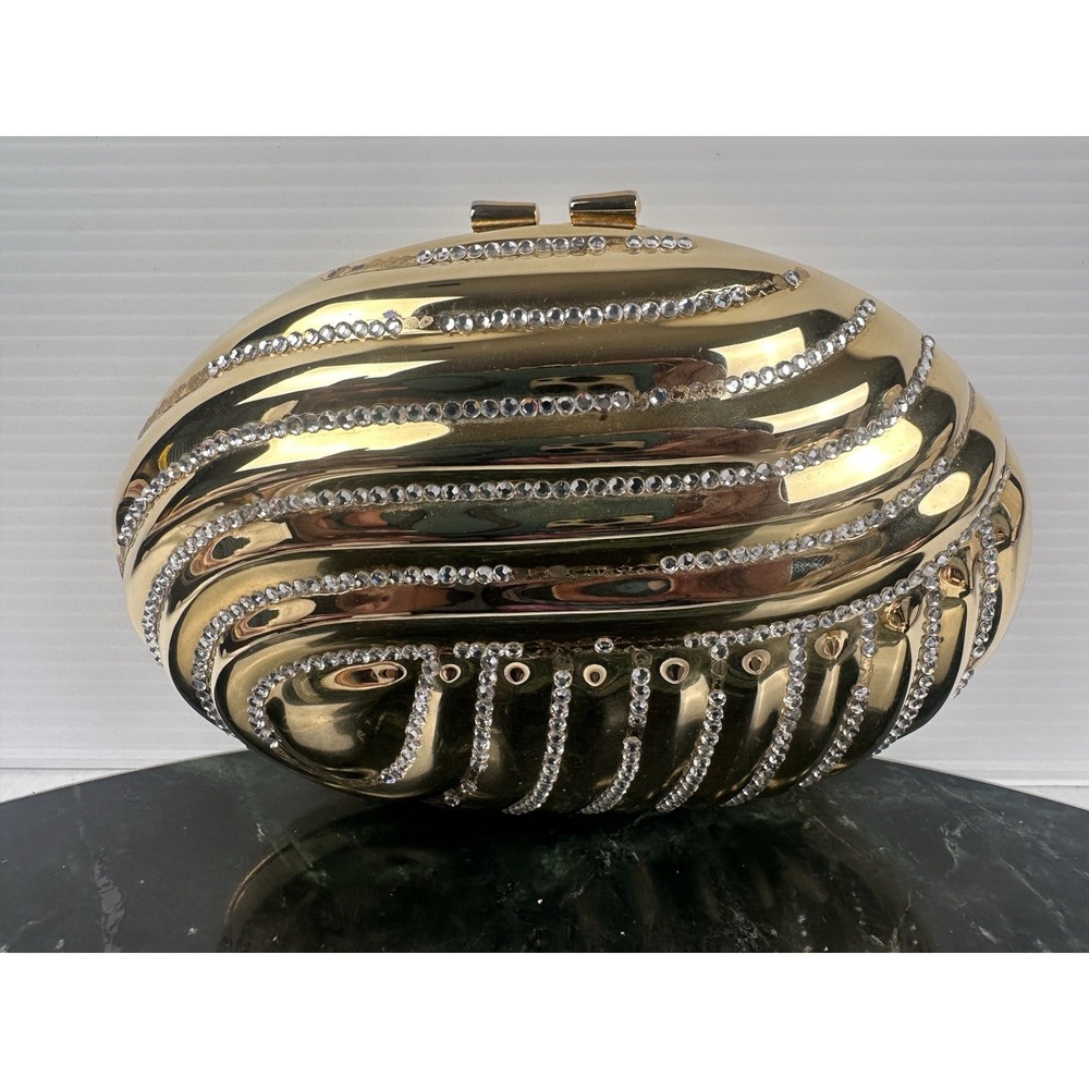 Vintage Le-Ann Gold Metal Clamshell Evening Bag Clutch with Chain Strap